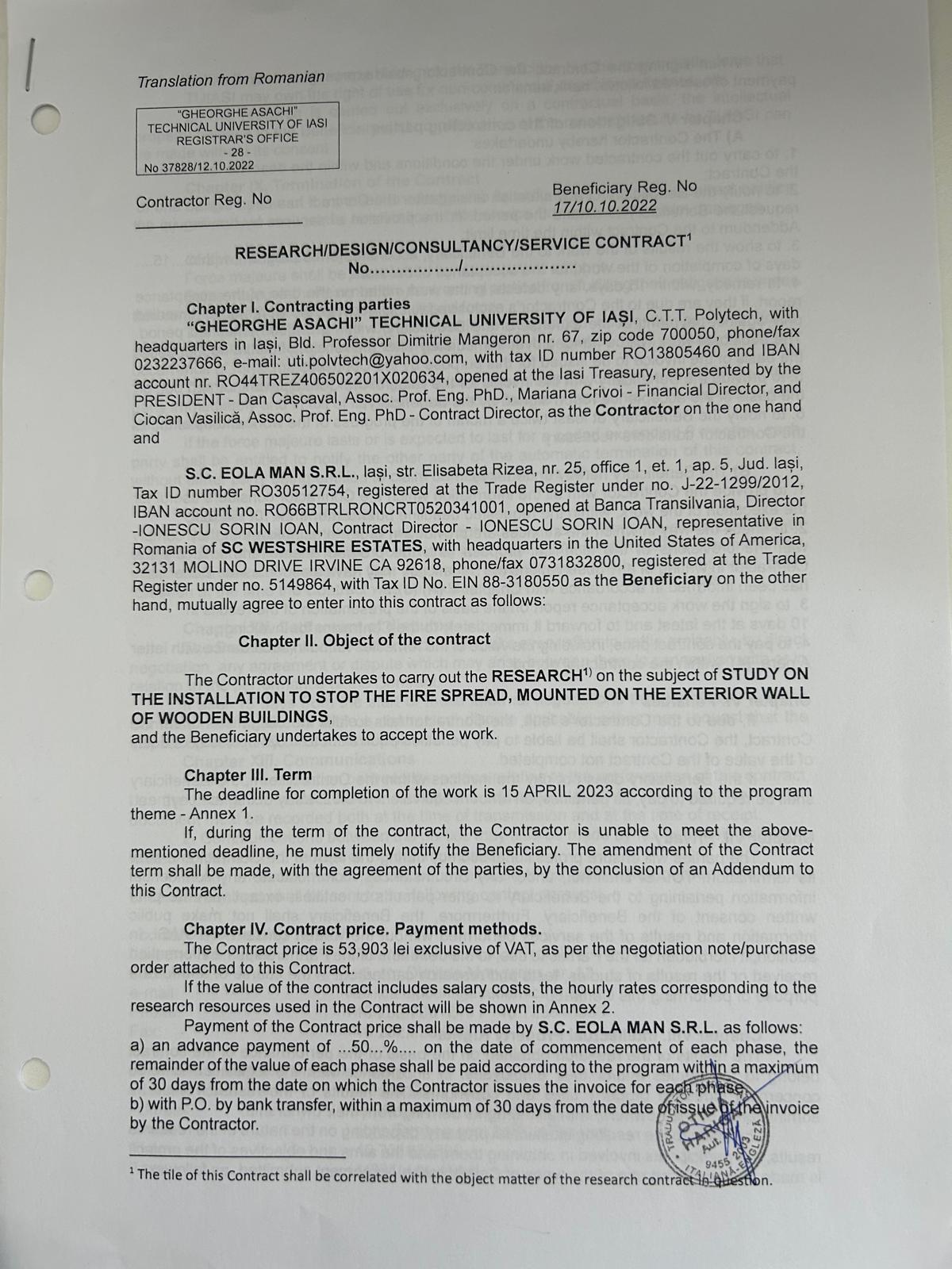 Contract cu Universitatea Tehnică din Iași